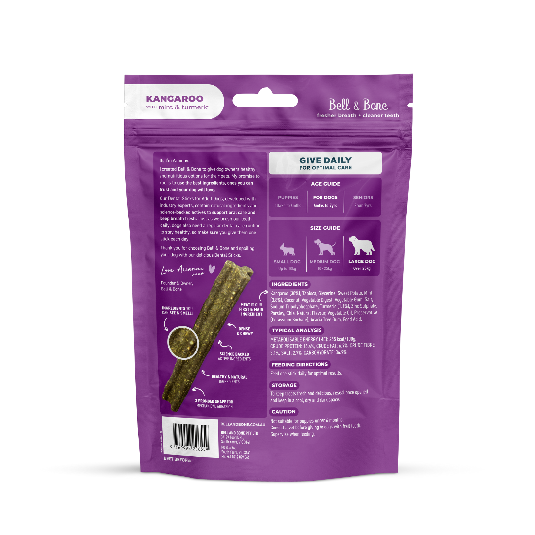 Bell & Bone Dog Dental Sticks Roo, Mint & Turmeric Adult (7pc)