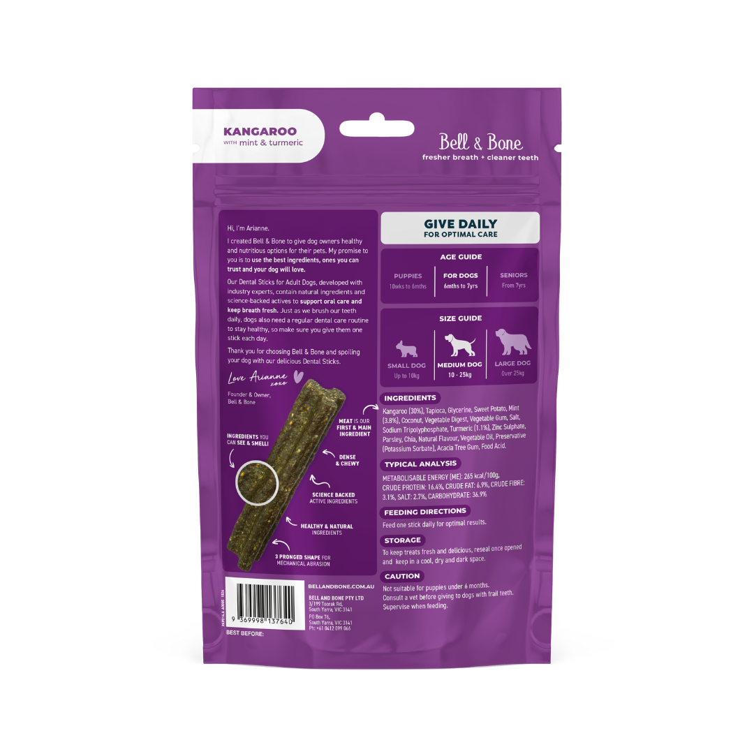 Bell & Bone Dog Dental Sticks Roo, Mint & Turmeric Adult (7pc)
