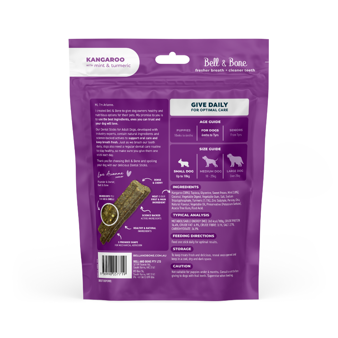 Bell & Bone Dog Dental Sticks Roo, Mint & Turmeric Adult (7pc)