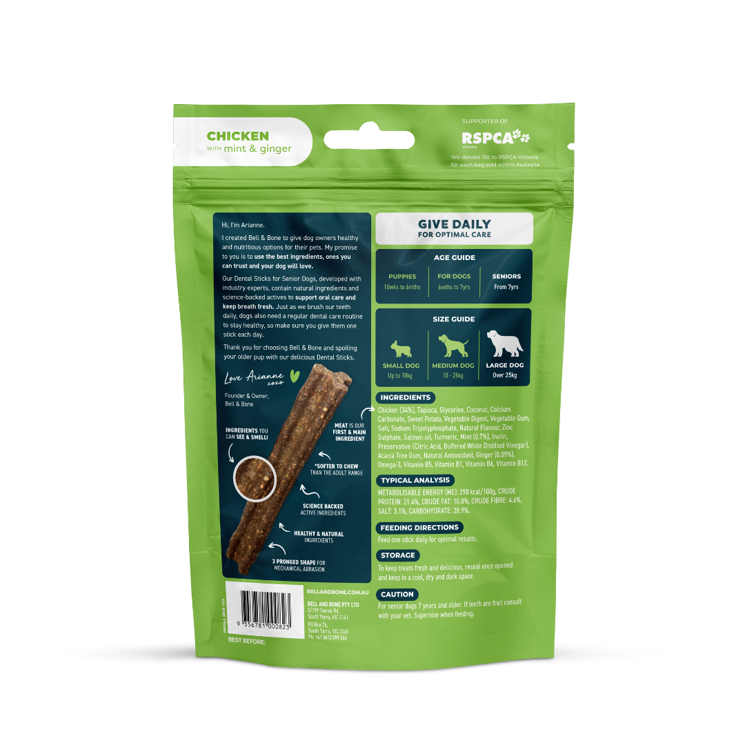 Bell & Bone Dog Dental Sticks Chicken, Mint, Ginger Senior (7pc)