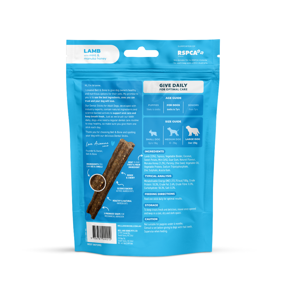Bell & Bone Dog Dental Sticks Lamb, Mint & Manuka Honey Adult (7pc)