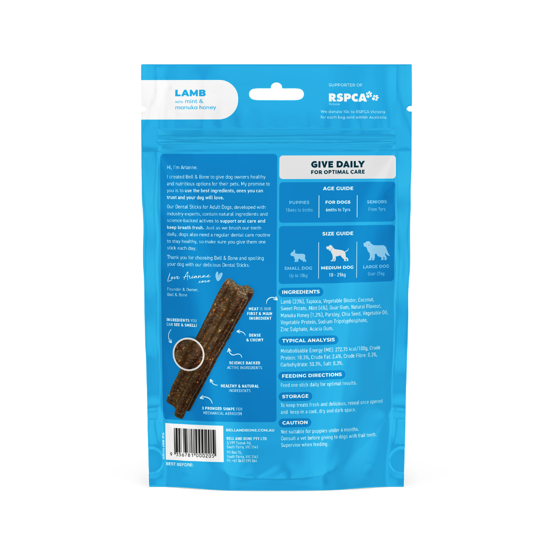Bell & Bone Dog Dental Sticks Lamb, Mint & Manuka Honey Adult (7pc)