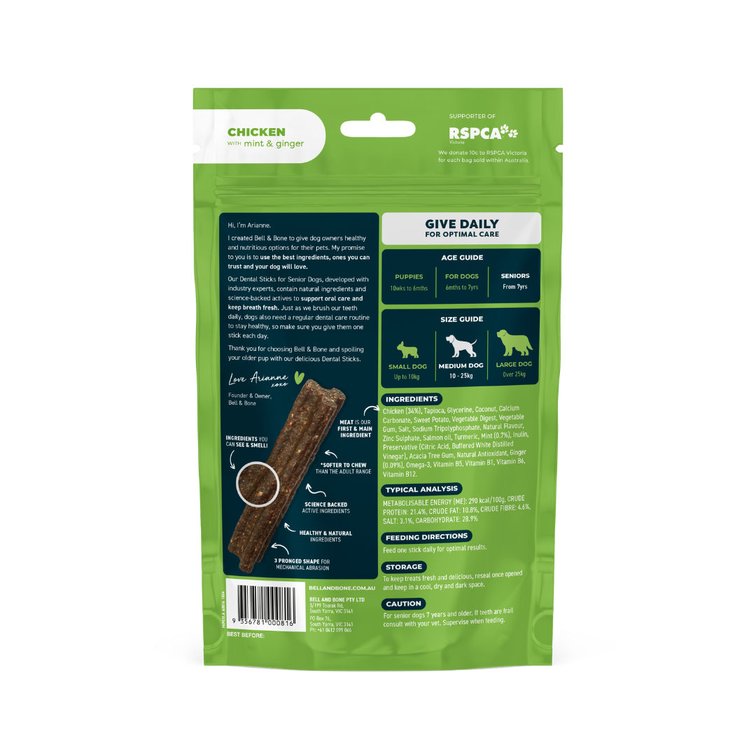 Bell & Bone Dog Dental Sticks Chicken, Mint, Ginger Senior (7pc)