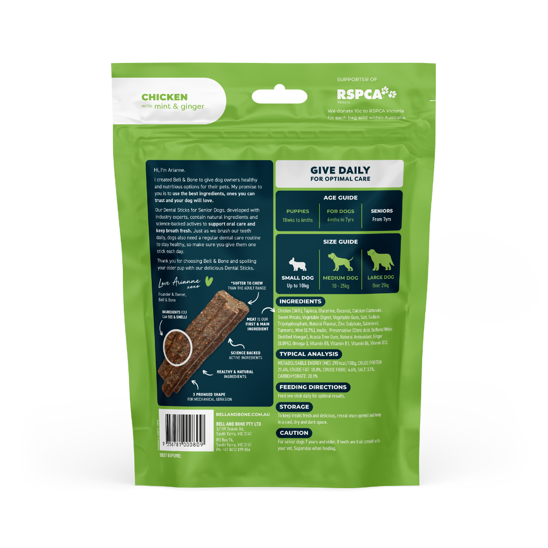 Bell & Bone Dog Dental Sticks Chicken, Mint, Ginger Senior (7pc)
