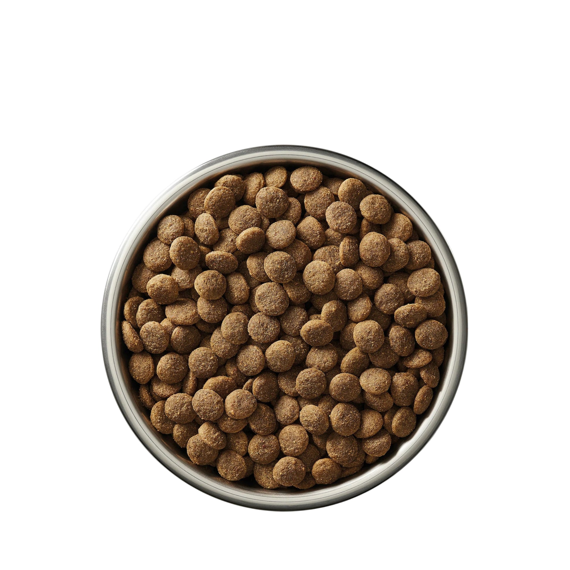 Bowl of kibble with ingredients on a white background