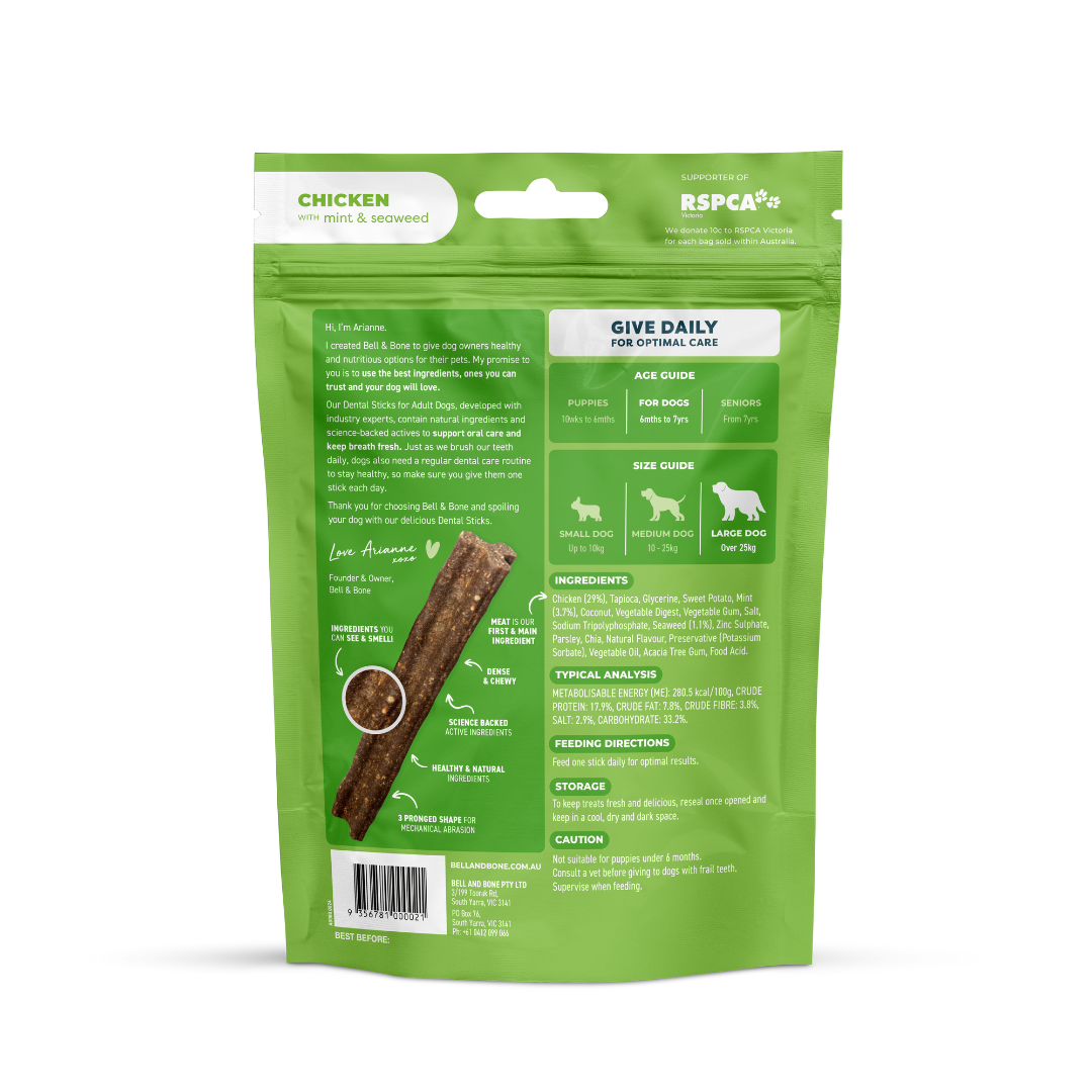 Bell & Bone Dog Dental Sticks Chicken, Mint & Seaweed Adult (7pc)