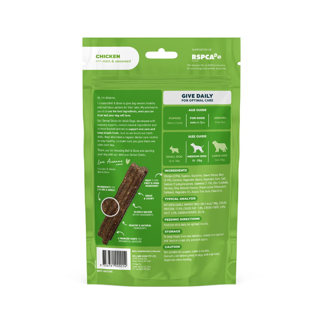 Bell & Bone Dog Dental Sticks Chicken, Mint & Seaweed Adult (7pc)
