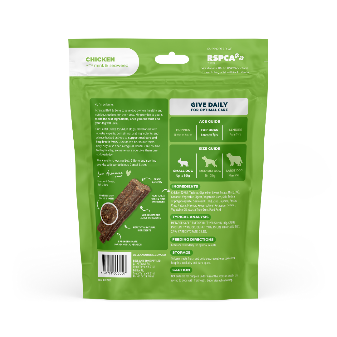 Bell & Bone Dog Dental Sticks Chicken, Mint & Seaweed Adult (7pc)
